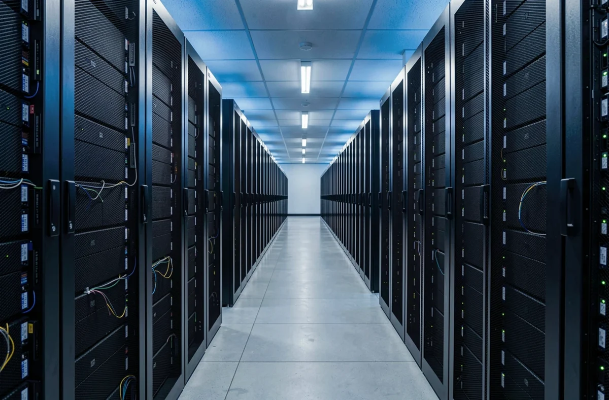 Couloir de salle serveur éclairé en bleu avec des baies informatiques