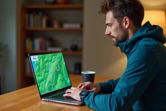 Coureur de trail analysant plusieurs traces GPX combinées sur un écran d'ordinateur portable pour préparer une course