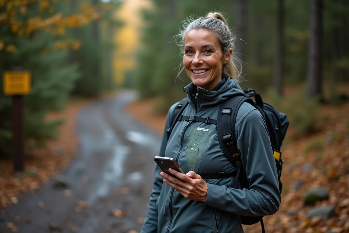 Femme coureuse consultant une application de traces GPX combinées sur smartphone avant un départ de trail en forêt