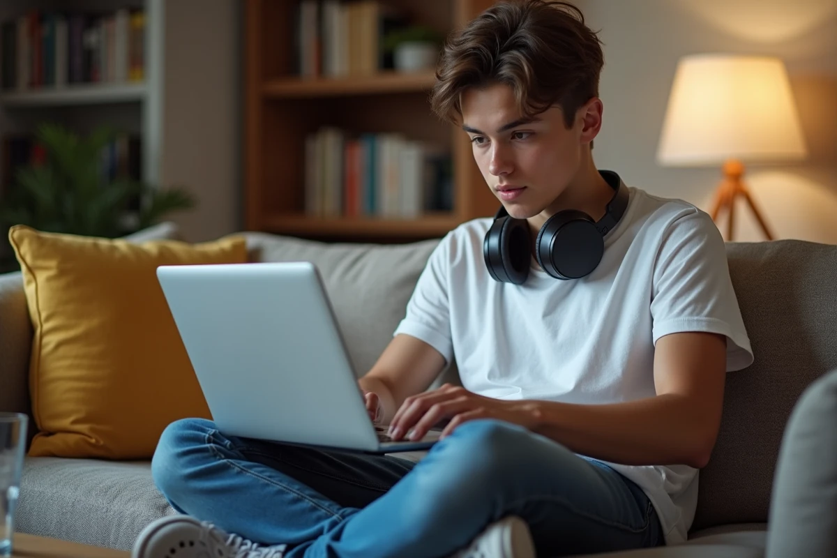 Adolescent dépannant une erreur de navigateur bloqué sur son ordinateur portable depuis son canapé à la maison