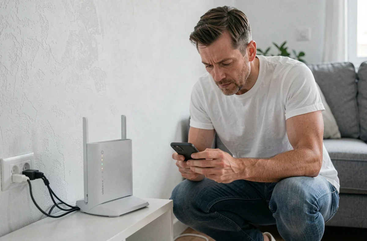 Homme dépannant sa connexion ADSL Alice en inspectant le routeur et consultant son téléphone
