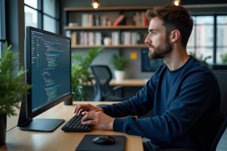 Jeune developpeur blockchain au bureau en train de coder