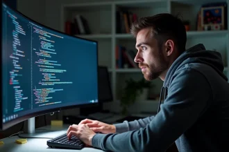 Développeur informatique scrutant un moniteur affichant du code avec des caractères antislash invisibles, symbolisant un bug d'affichage