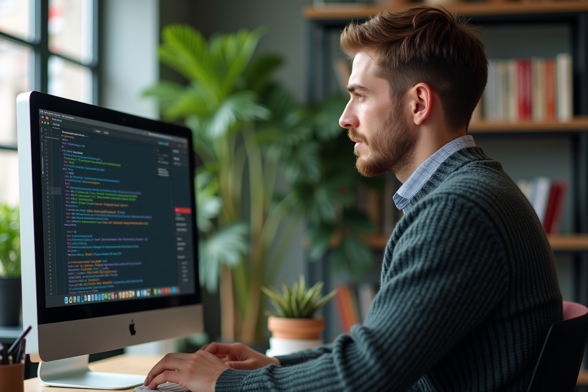 Jeune developpeur web regardant un ecran avec HTTPS et cadenas vert