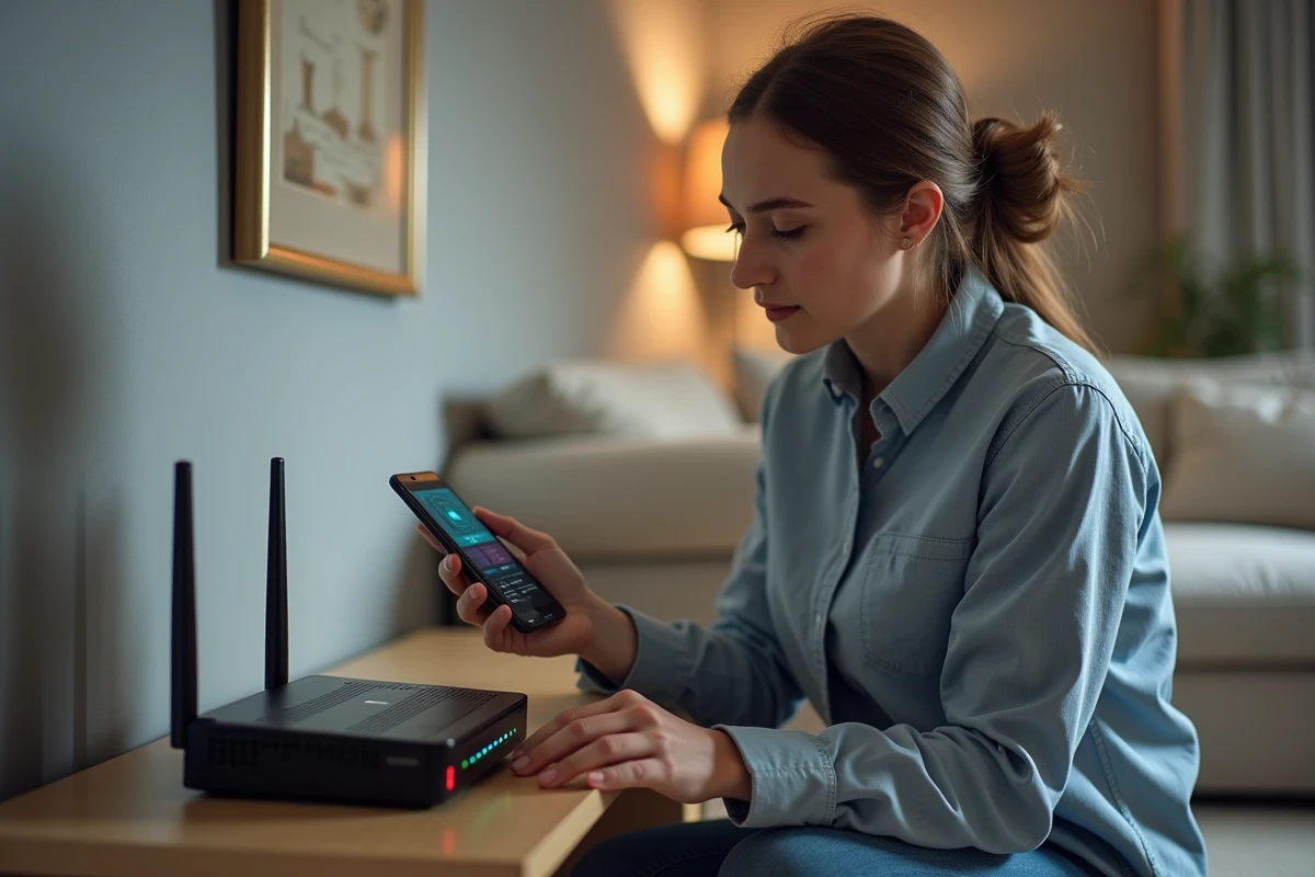 Femme vérifiant la connexion réseau d'un routeur Wi-Fi pour résoudre un problème d'adresse IP