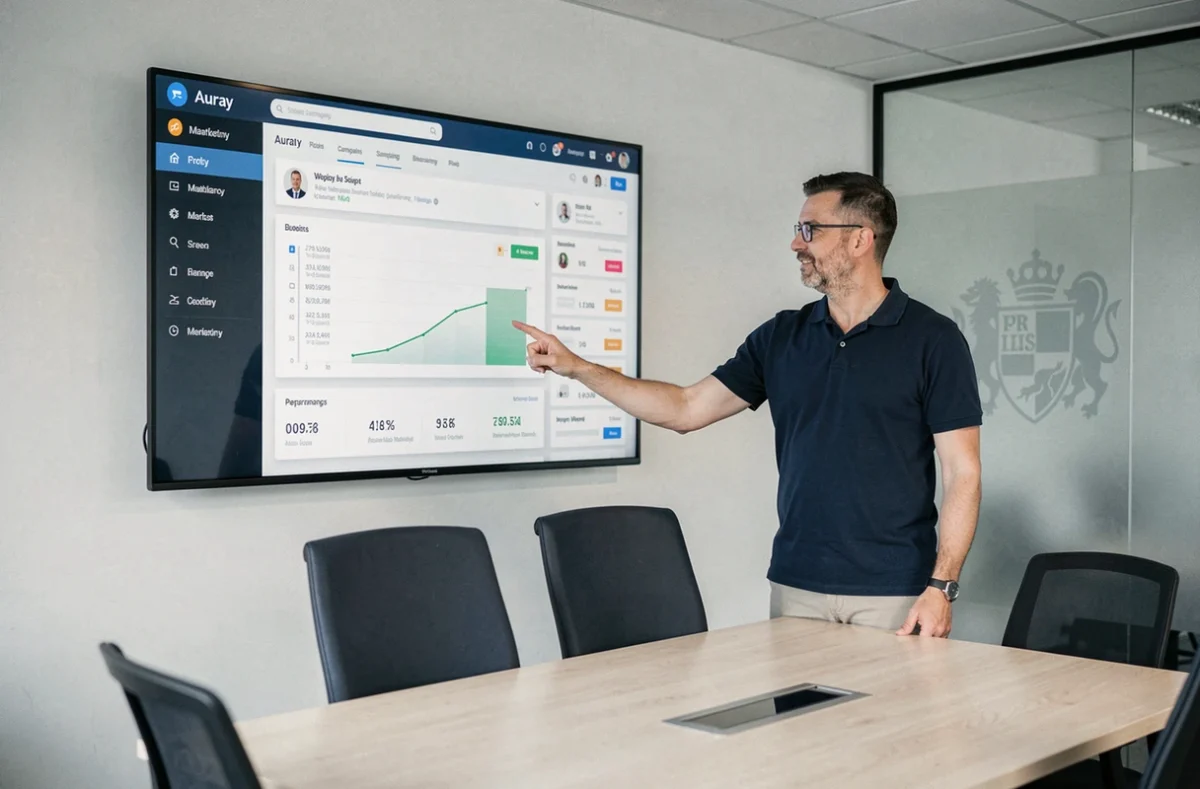 Chef de projet web présentant un tableau de bord digital dans les bureaux de l'agence E-déclic à Auray