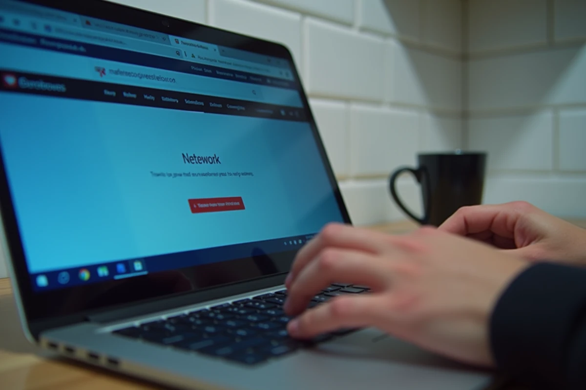 Écran d'ordinateur affichant une erreur de connexion à l'adresse http://mafreebox.freebox.fr avec les mains d'un utilisateur sur le clavier