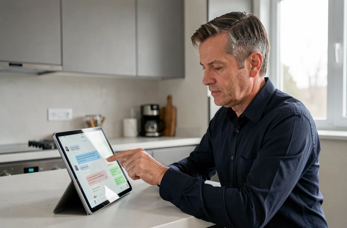 Homme consultant l'historique de conversation Messenger sur une tablette dans une cuisine moderne