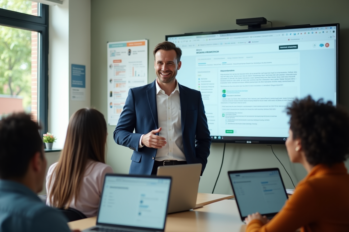 Enseignant souriant montrant une plateforme digitale en classe