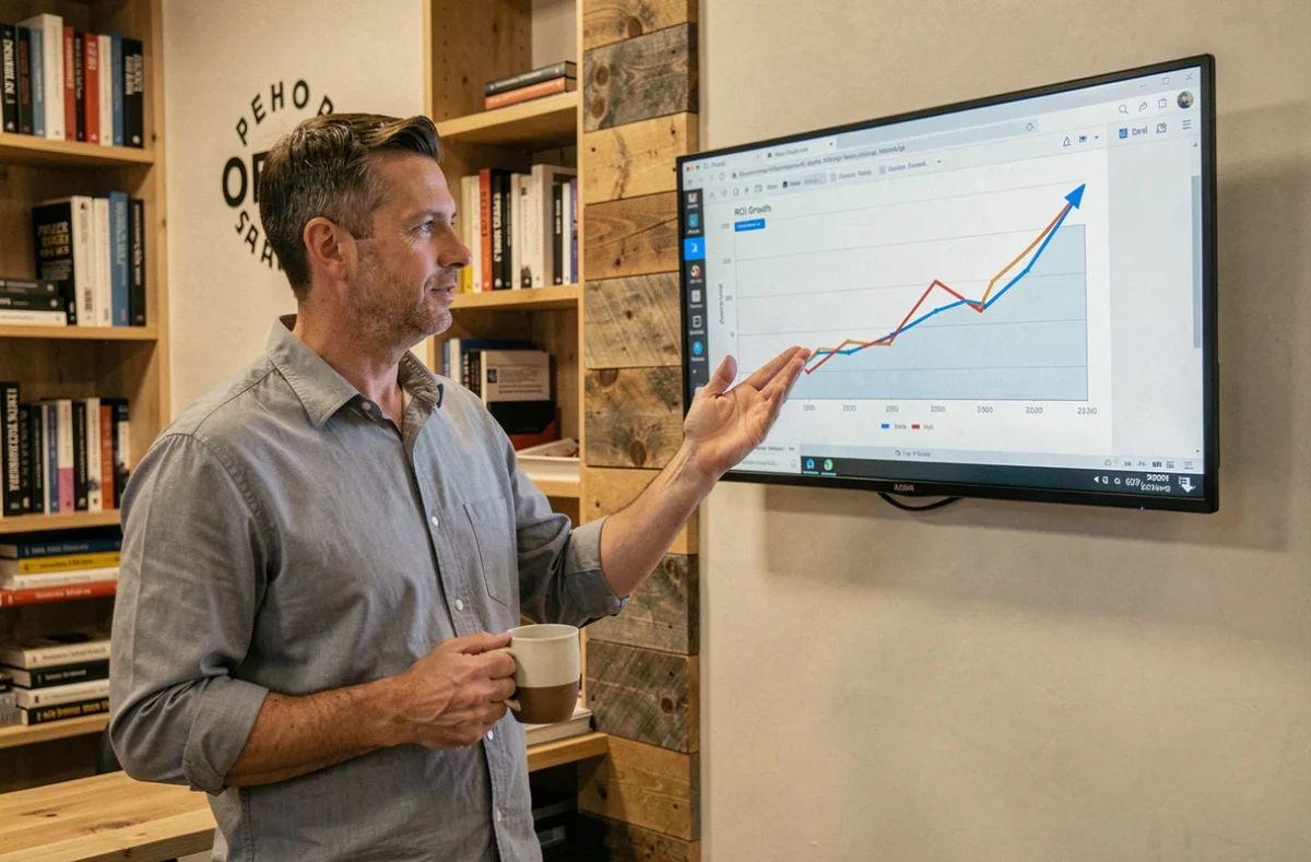 Entrepreneur PME présentant les résultats de retour sur investissement rapide avec l'outil IA Claude en bureau moderne