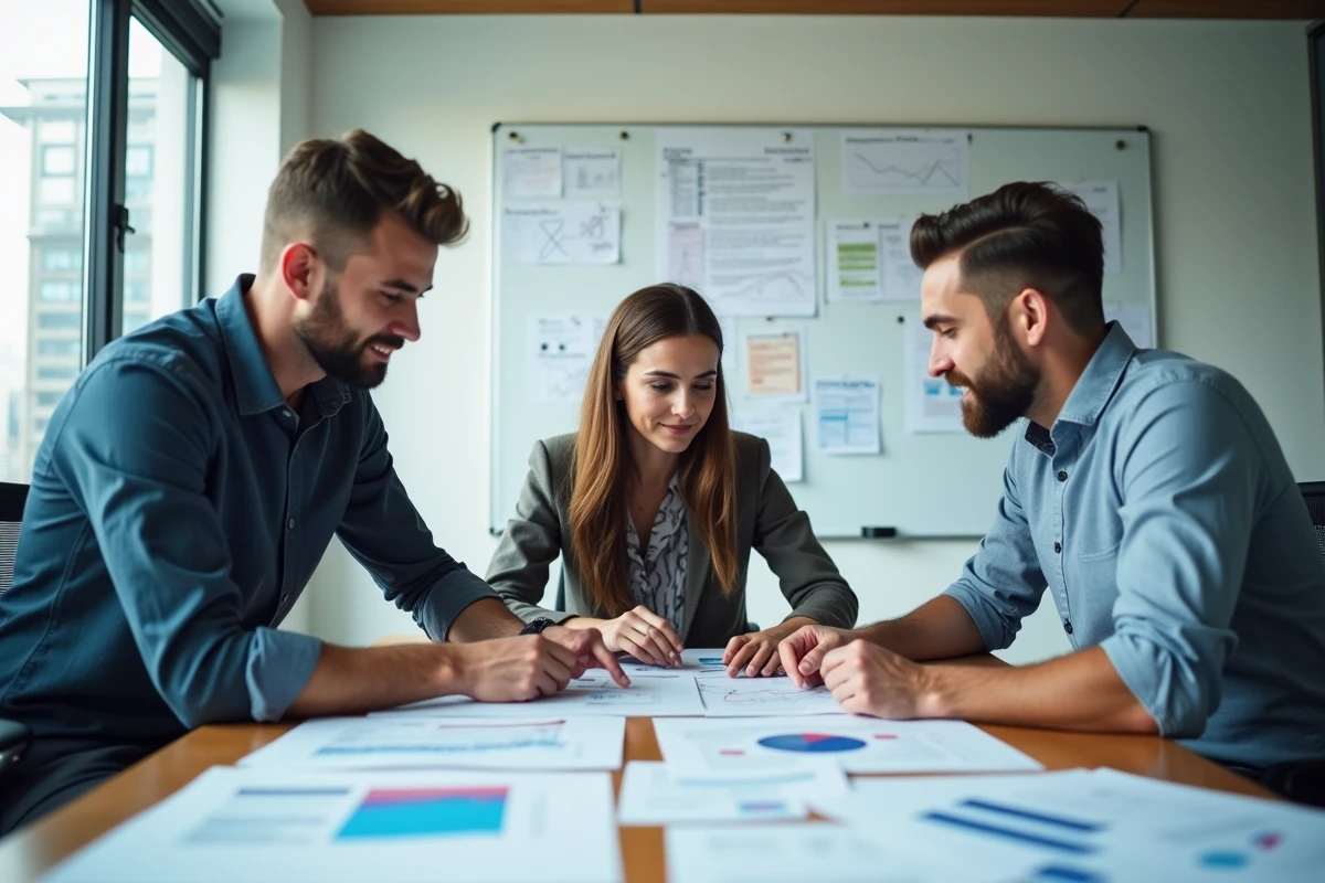 Groupe de professionnels discutant de rapports CRM