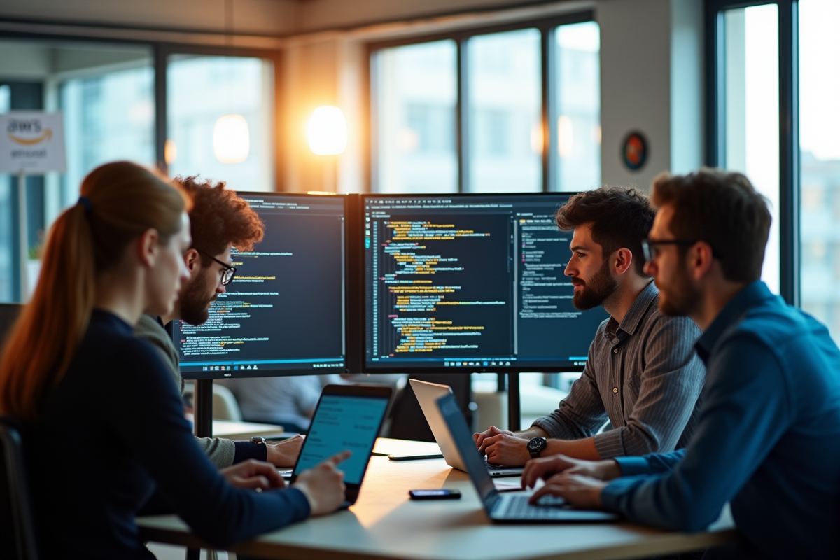Équipe de développeurs collaborant autour d'un bureau moderne