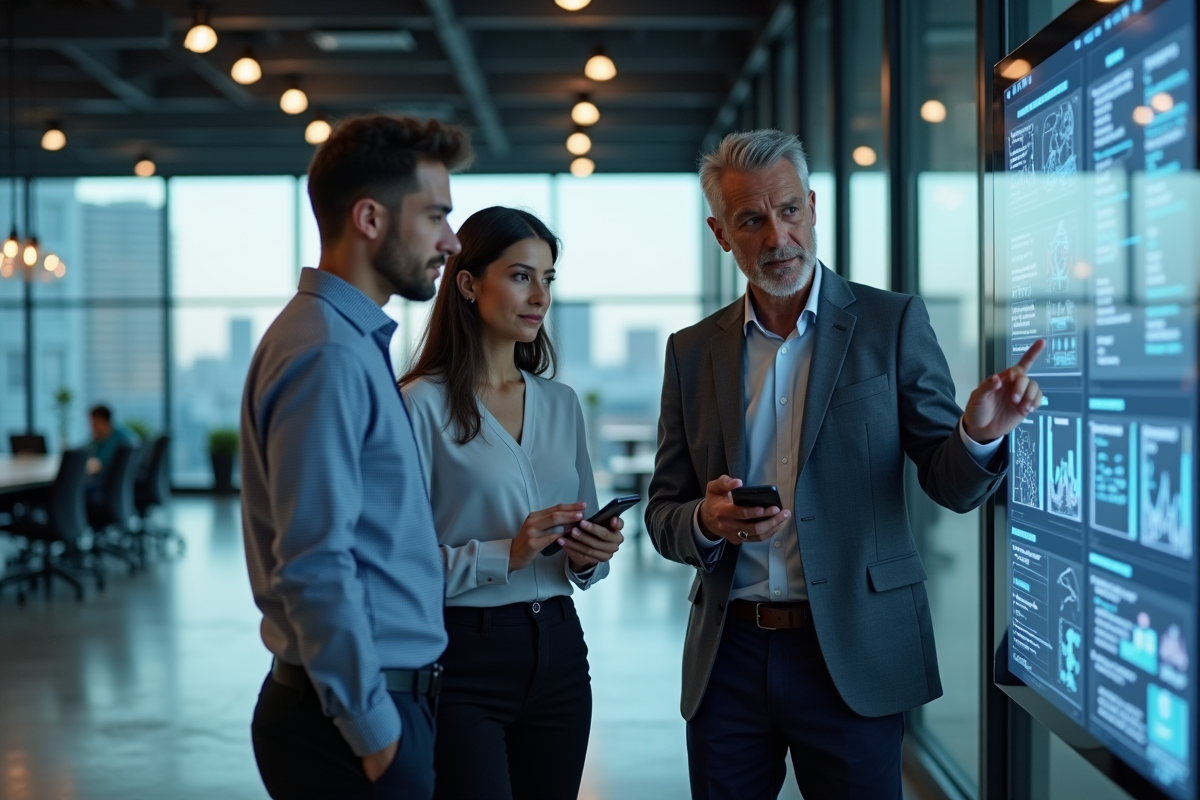 Equipe diverse interagit avec un tableau digital dans un hub hightech