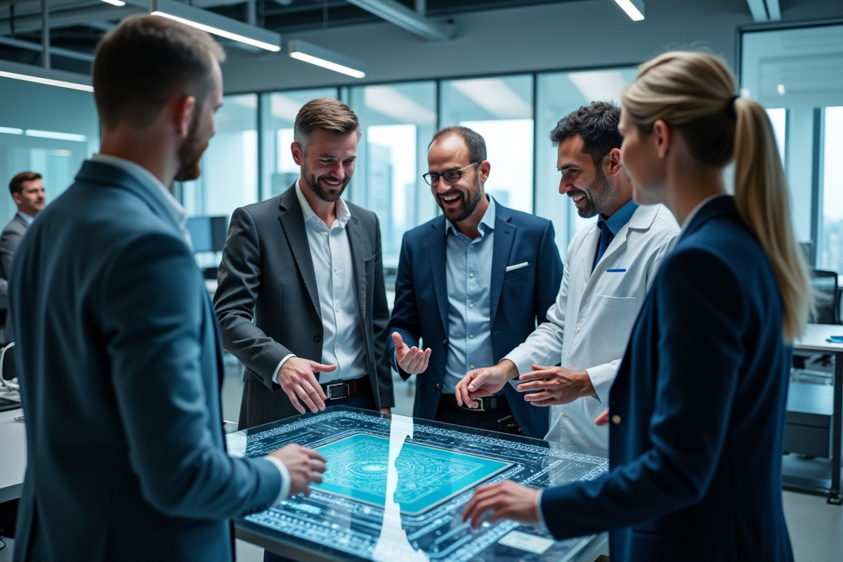 Groupe de chercheurs en discussion autour d'un ordinateur quantique