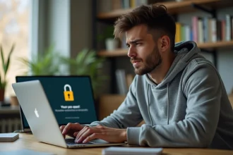 Jeune homme frustré face à une erreur de navigateur sur son ordinateur portable dans un bureau à domicile