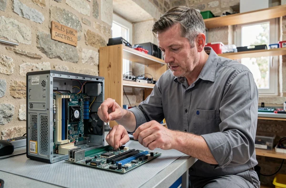 Technicien d'Espace Maintenance Électronique inspectant une carte mère dans son atelier à Uzès