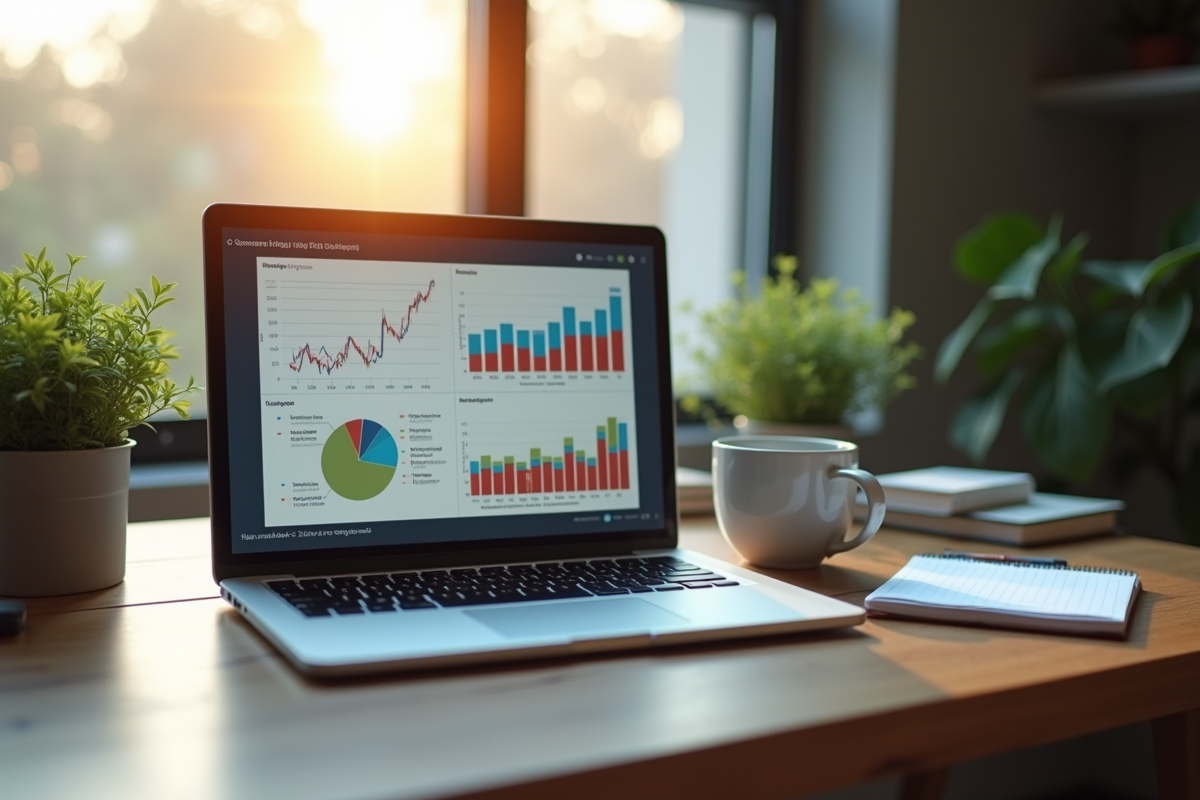 Espace de travail créatif avec ordinateur et plantes vertes