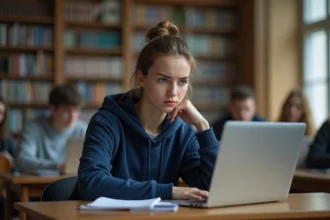 Étudiante frustrée devant sa boîte mail Zimbra pleine sur un ordinateur portable dans une bibliothèque universitaire