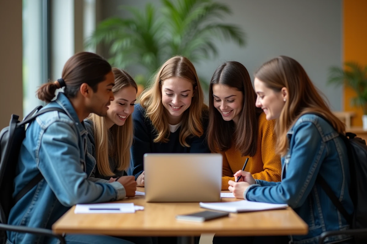 Groupe d'étudiants universitaires autour d'un ordinateur avec MyGES