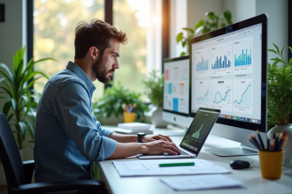 Expert SEO travaillant sur un ordinateur portable dans un bureau lumineux