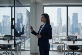 Femme d'affaires regardant une carte de centres de données