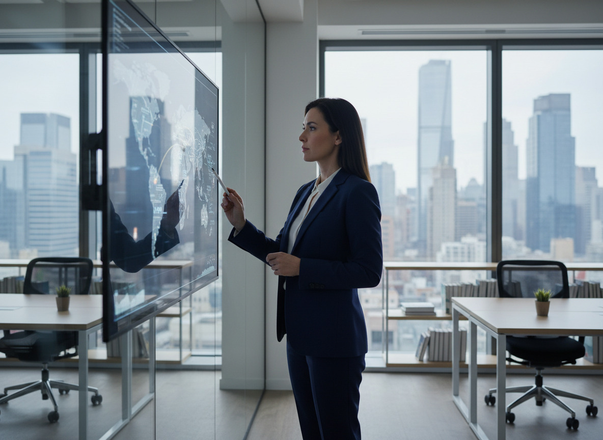 Femme d'affaires regardant une carte de centres de données