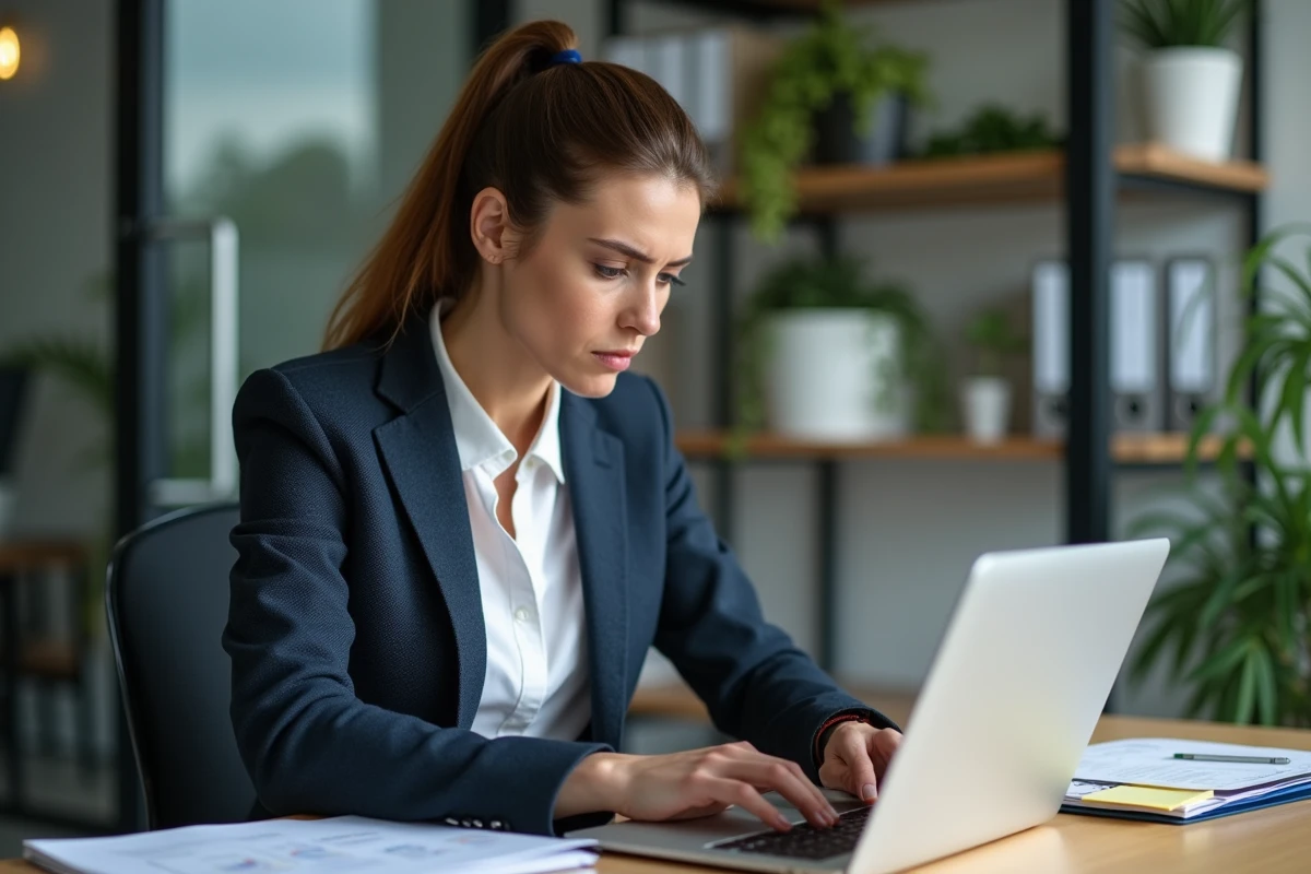 Femme d'affaires frustrée devant son ordinateur en CRM