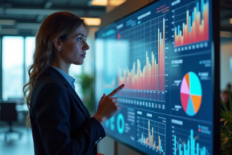 Femme d'affaires analysant des graphiques colorés sur un grand écran