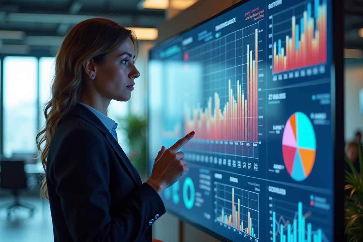 Femme d'affaires analysant des graphiques colorés sur un grand écran