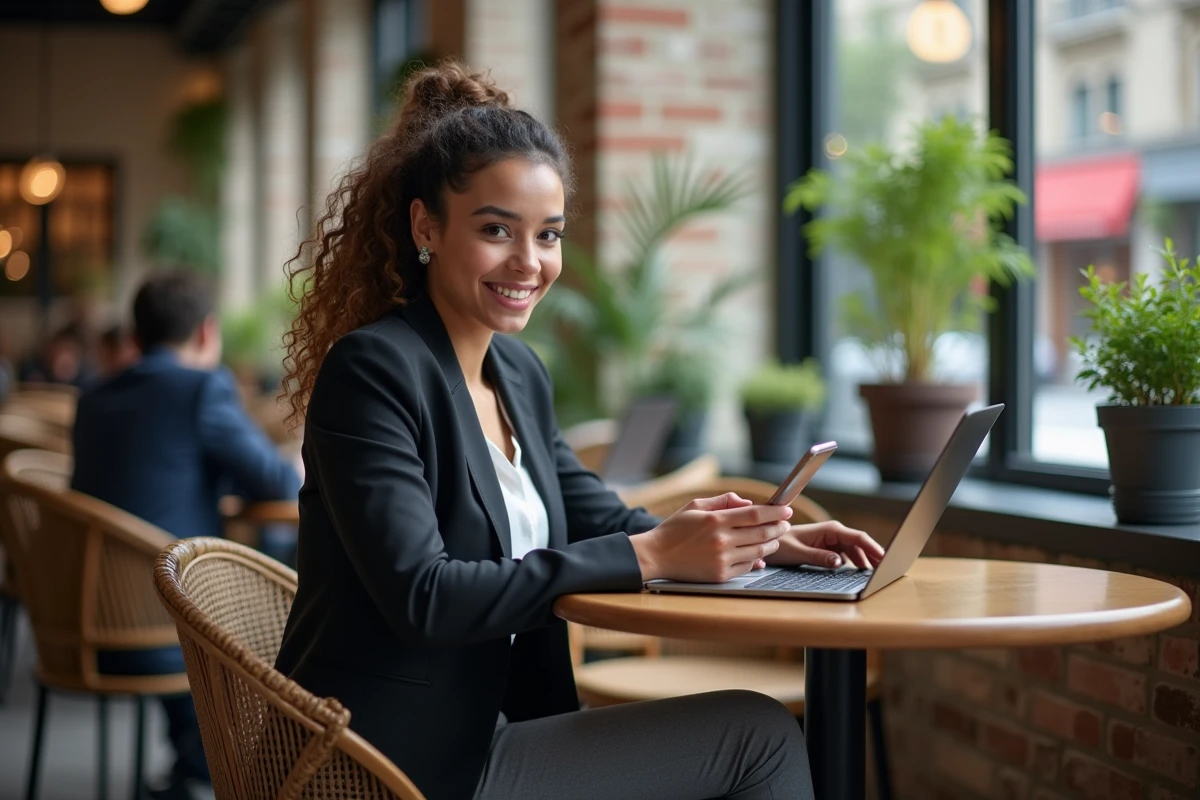 Jeune femme agent au café avec ordinateur et smartphone