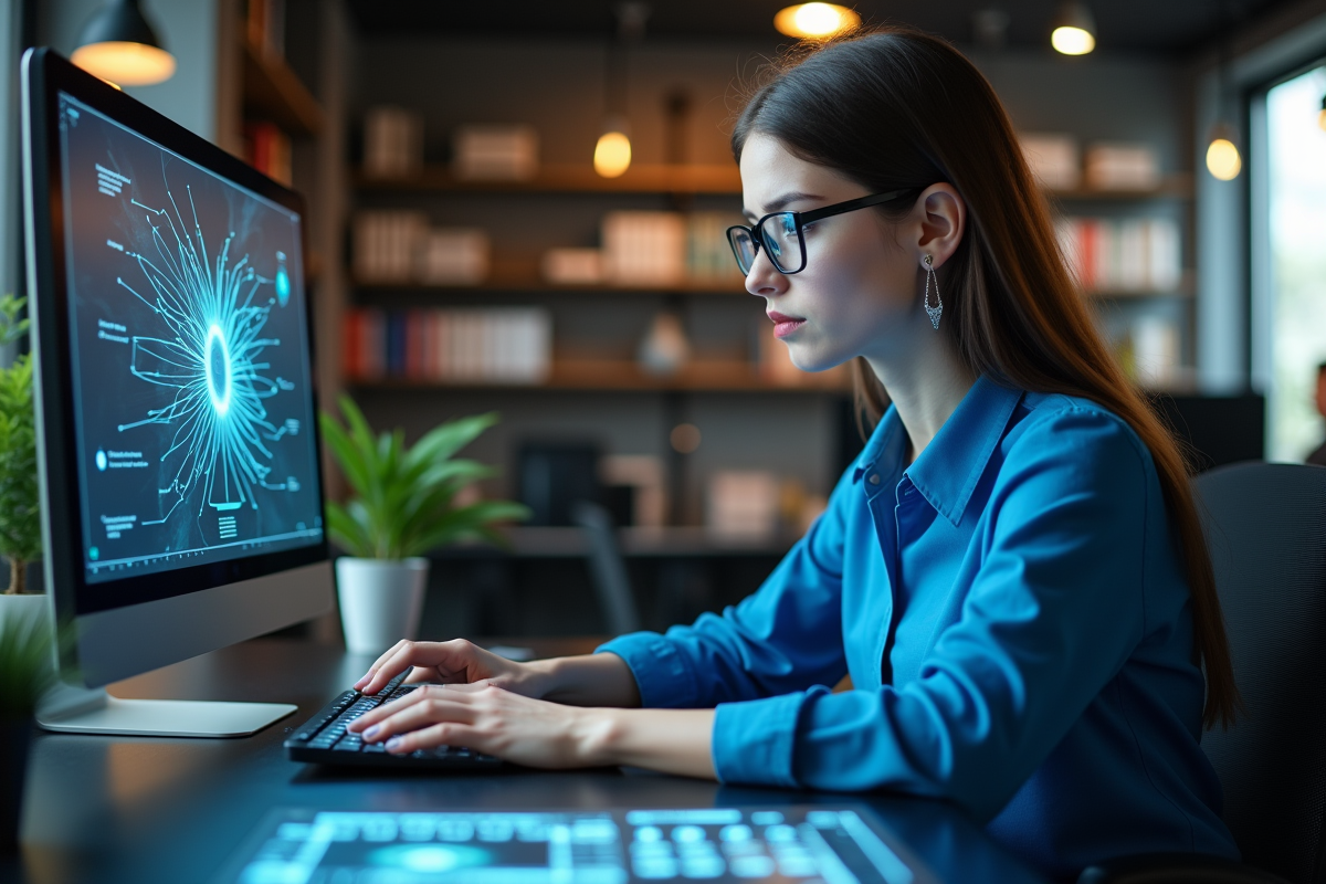 Jeune femme scientifique analysant des algorithmes quantiques sur hologramme