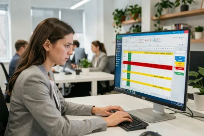 Femme analyste assise devant un écran Excel avec des doublons surlignés en rouge et jaune dans un bureau moderne