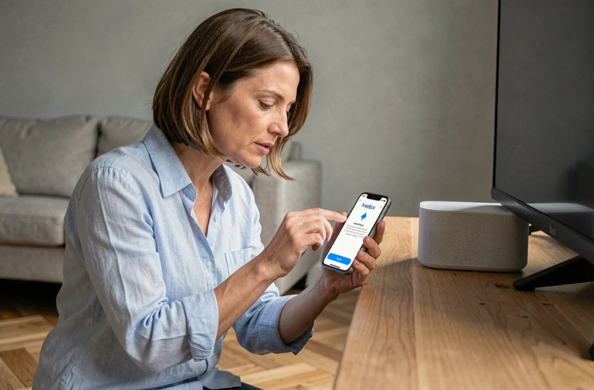 Femme vérifiant l'application Freebox sur son téléphone face à une erreur d'association avec le serveur