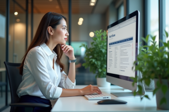 Femme en blouse blanche surveillant logiciel d'automatisation