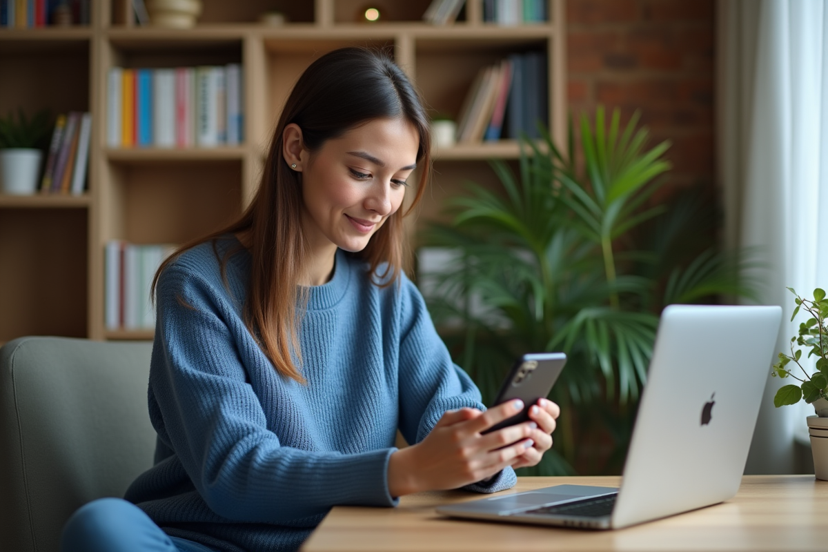 Femme en sweater bleu sauvegardant son smartphone à un bureau