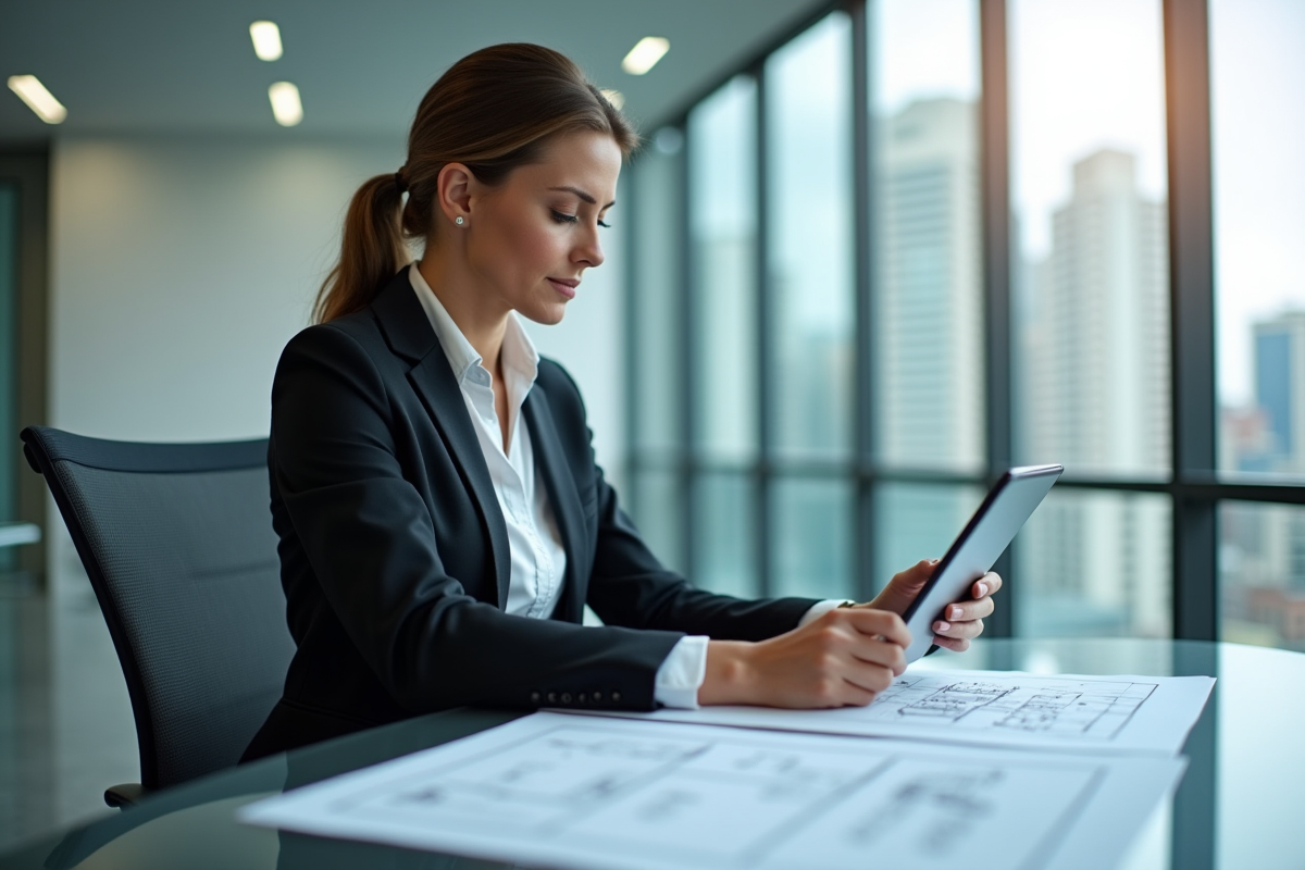 Femme d affaires en réunion avec plans et tablette