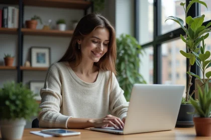 Jeune femme au bureau à domicile utilisant un ordinateur portable