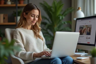 Femme assise à un bureau regardant Instagram sur son laptop