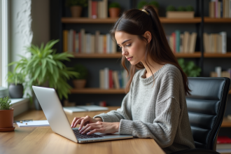 Jeune femme travaillant sur son ordinateur dans un bureau moderne