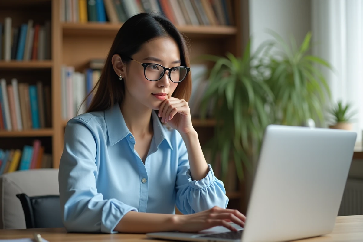 Jeune femme travaillant sur son ordinateur dans un bureau cosy