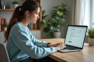 Femme concentrée ajustant ses paramètres de recherche dans un bureau moderne