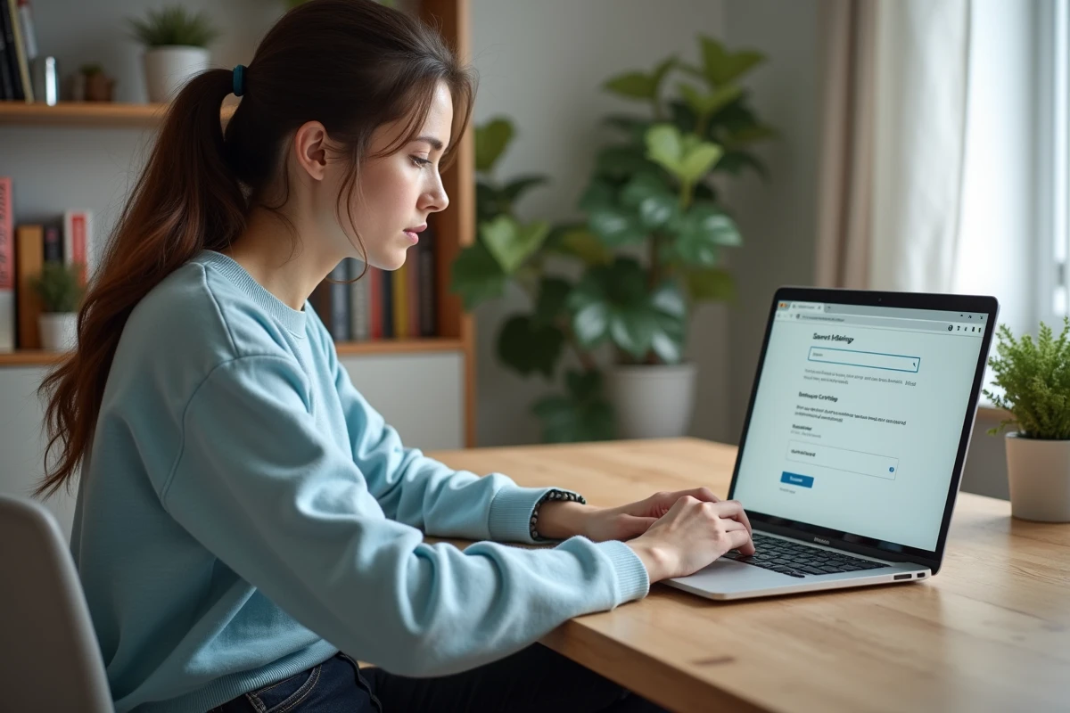 Femme concentrée ajustant ses paramètres de recherche dans un bureau moderne