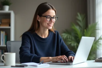 Femme concentrée travaillant sur son ordinateur dans un bureau moderne