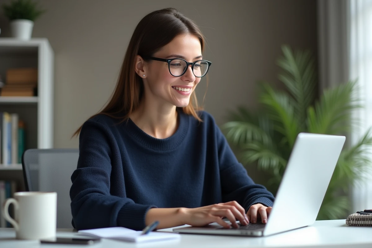 Femme concentrée travaillant sur son ordinateur dans un bureau moderne