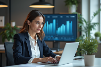 Femme professionnelle travaillant sur un ordinateur dans un bureau moderne