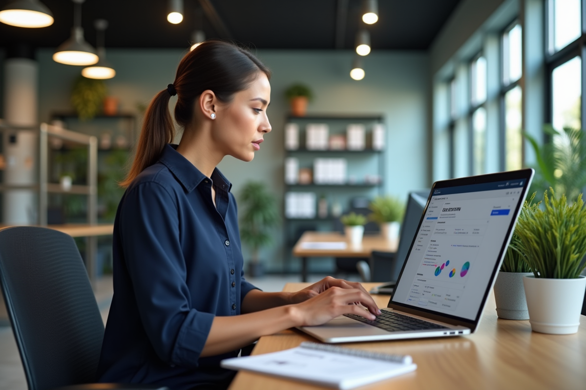 Femme au bureau utilisant un ordinateur pour gérer un CRM