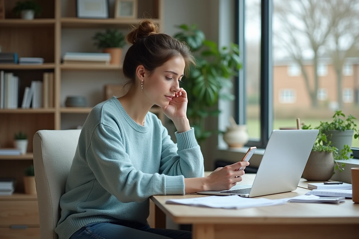 Femme assise à son bureau avec ordinateur et smartphone