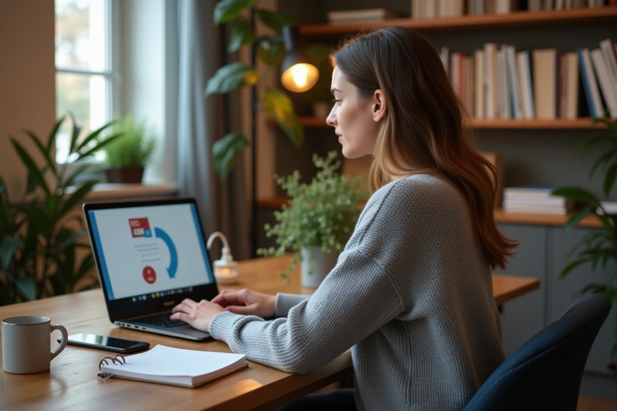 Jeune femme au bureau utilisant un convertisseur JPG en PDF