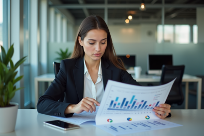 Jeune femme en bureau examinant un rapport marketing