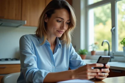 Femme assise à la cuisine utilisant son smartphone